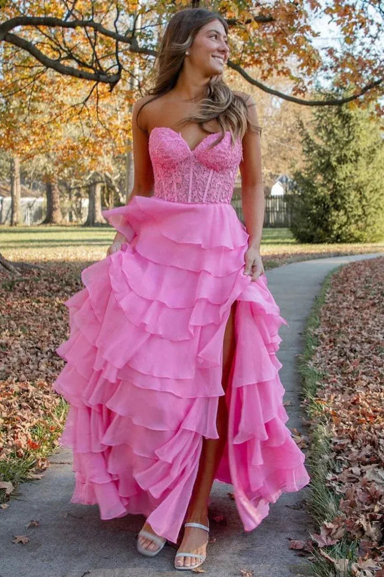 Pretty A-Line Sweetheart Sleeveless Ruffle Sweep Train Prom Dress