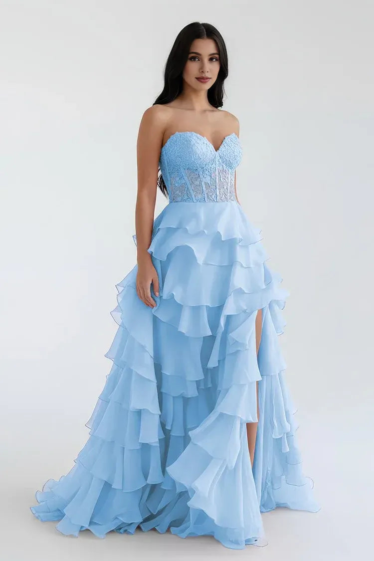 Pretty A-Line Sweetheart Sleeveless Ruffle Sweep Train Prom Dress