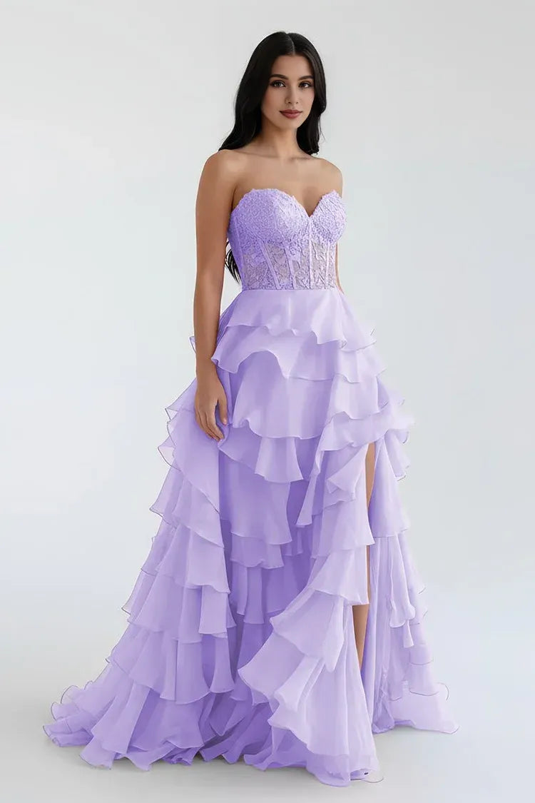 Pretty A-Line Sweetheart Sleeveless Ruffle Sweep Train Prom Dress