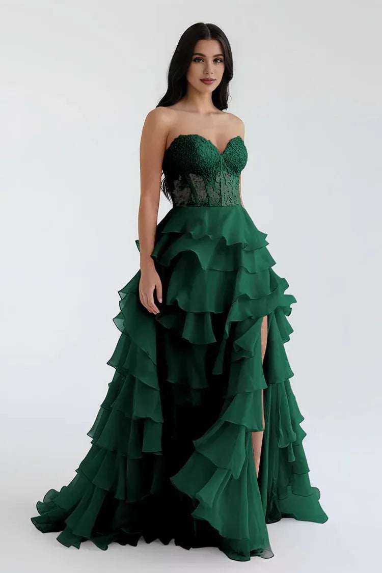 Pretty A-Line Sweetheart Sleeveless Ruffle Sweep Train Prom Dress