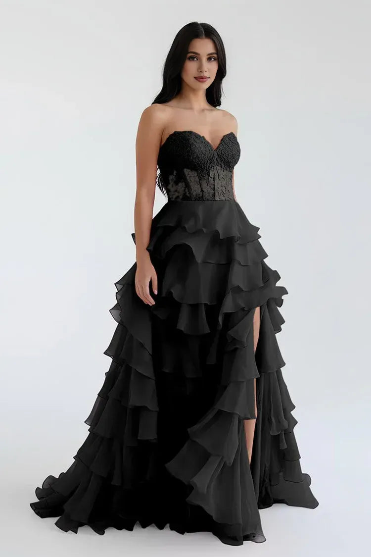 Pretty A-Line Sweetheart Sleeveless Ruffle Sweep Train Prom Dress