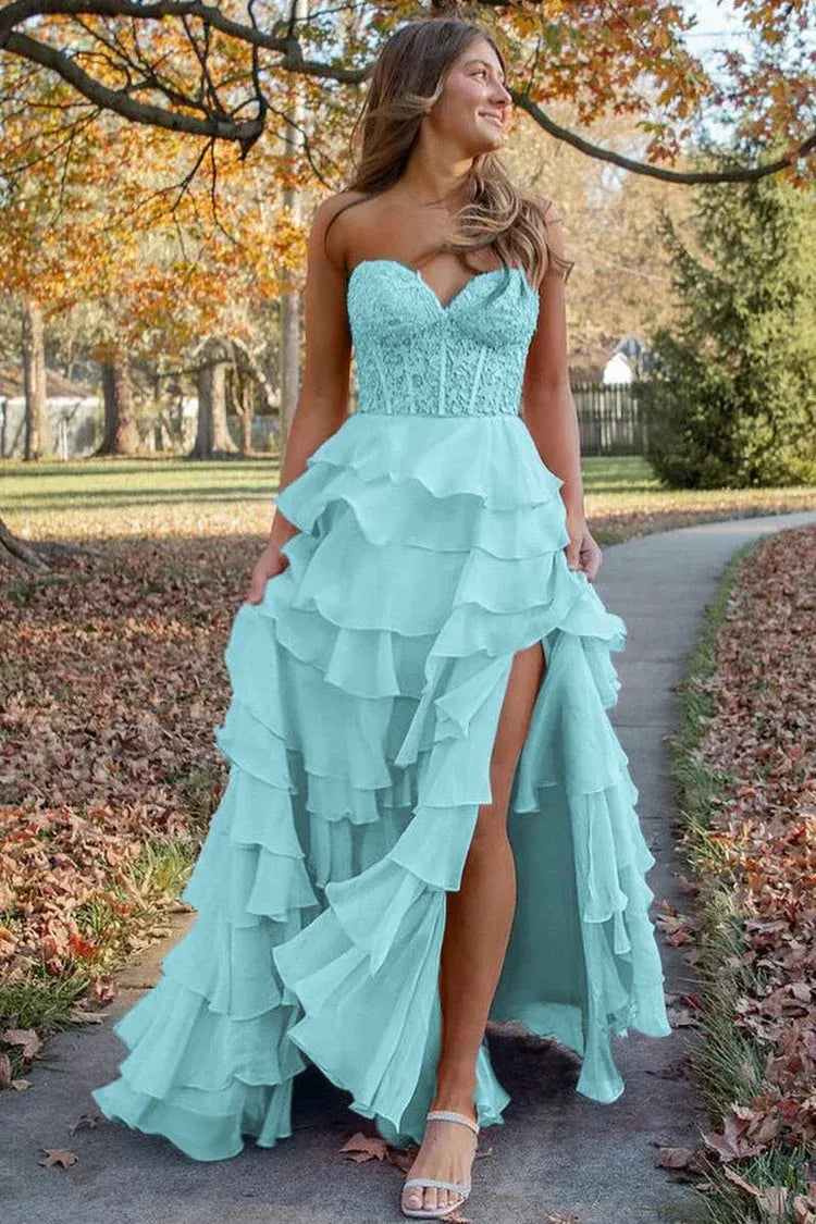 Pretty A-Line Sweetheart Sleeveless Ruffle Sweep Train Prom Dress