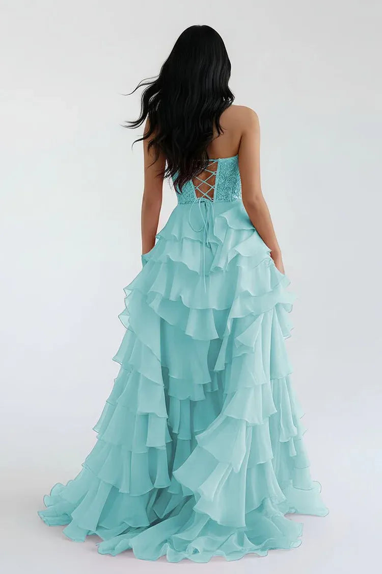 Pretty A-Line Sweetheart Sleeveless Ruffle Sweep Train Prom Dress