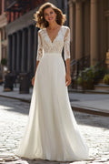 Pretty A-Line V-Neck Half Sleeves Sweep Train Wedding Dress