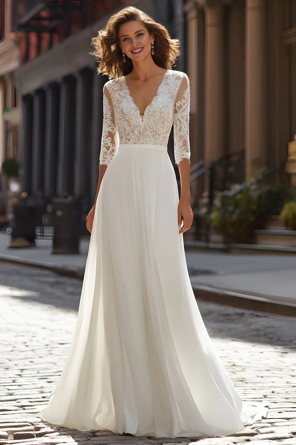 Pretty A-Line V-Neck Half Sleeves Sweep Train Wedding Dress