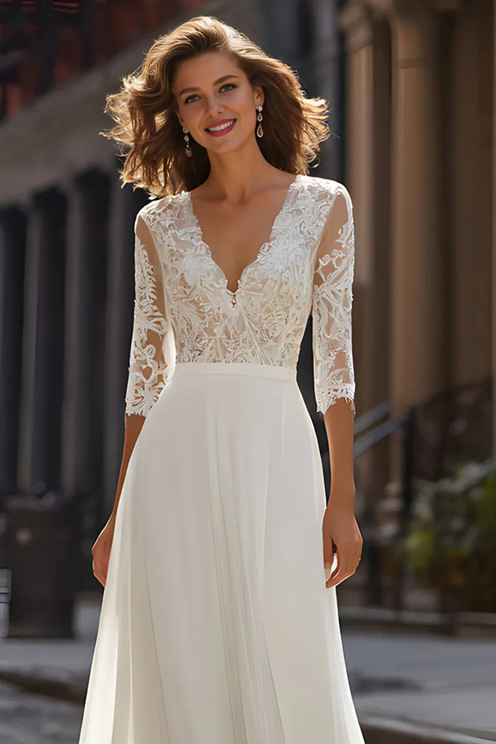 Pretty A-Line V-Neck Half Sleeves Sweep Train Wedding Dress