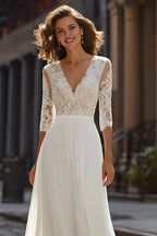 Pretty A-Line V-Neck Half Sleeves Sweep Train Wedding Dress