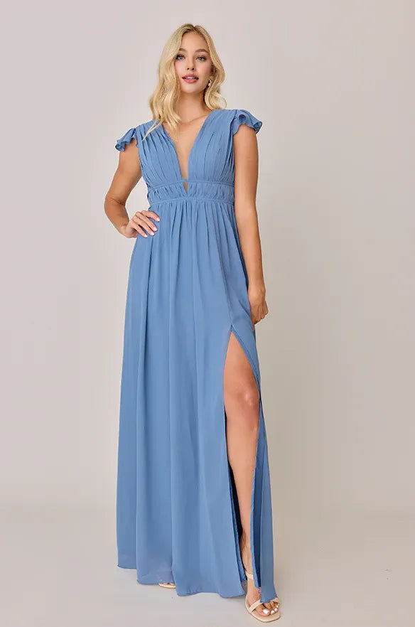 Pretty A-Line V Neck Cap Sleeve Floor-Length Prom Dress