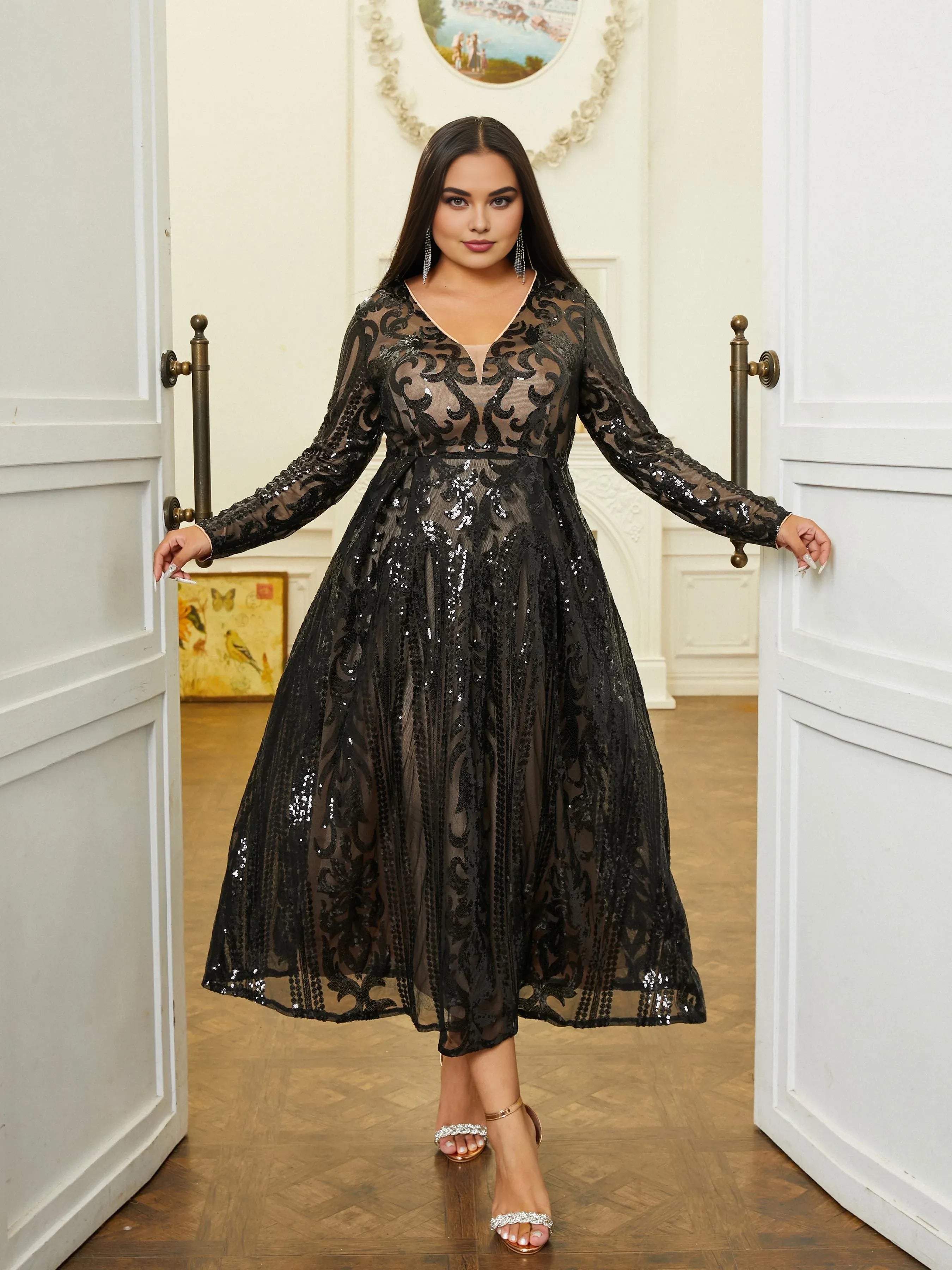 Pretty A-Line V Neck Long Sleeve Zipper Up Tea-Length Plus Size Prom Dress