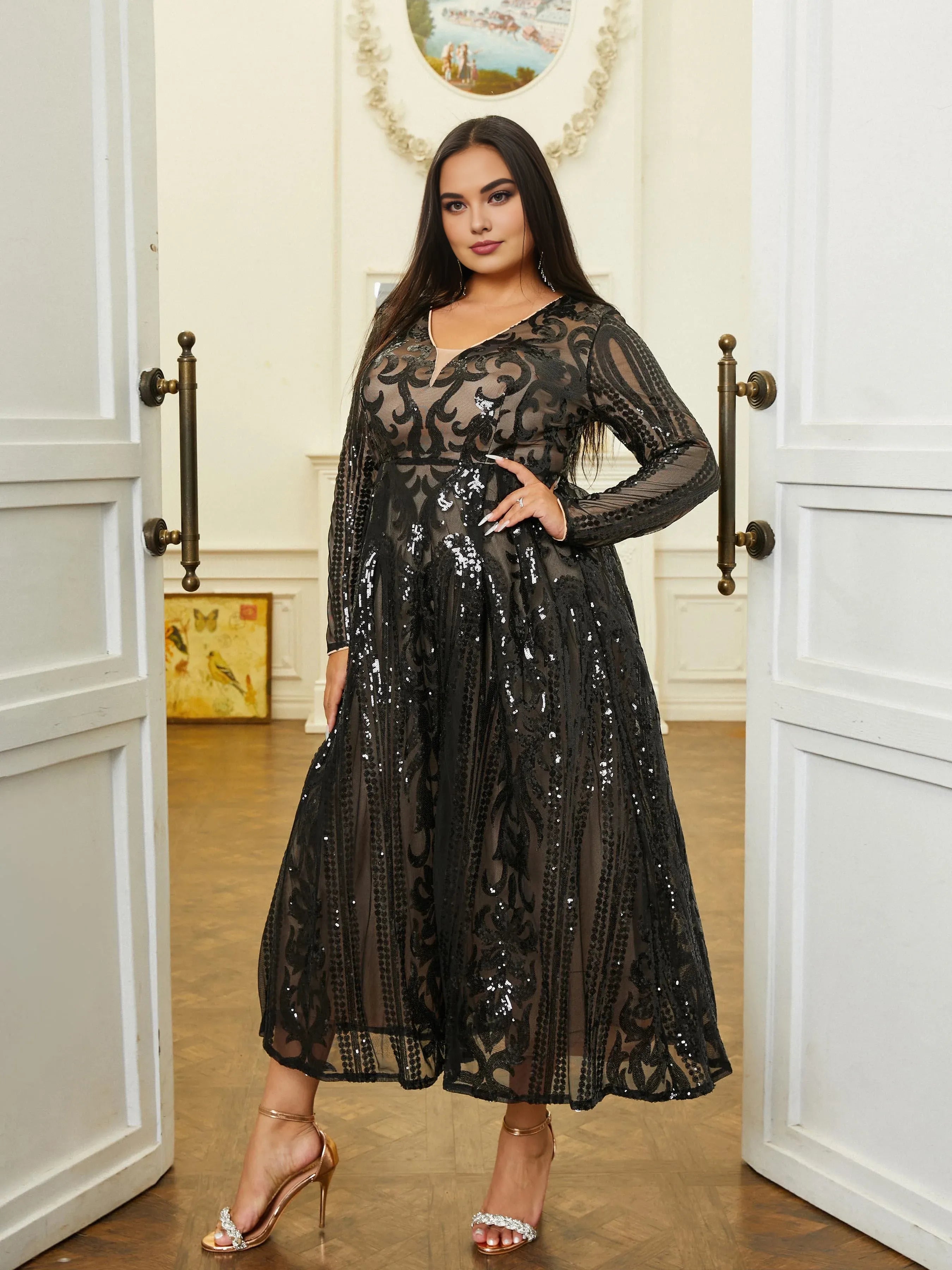 Pretty A-Line V Neck Long Sleeve Zipper Up Tea-Length Plus Size Prom Dress