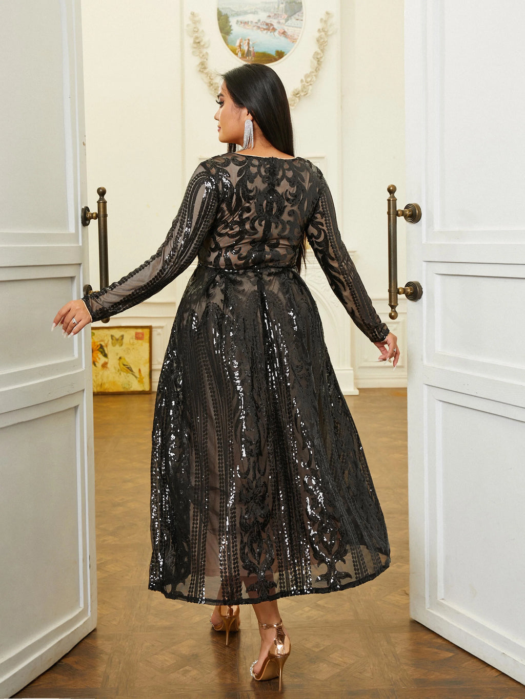 Pretty A-Line V Neck Long Sleeve Zipper Up Tea-Length Plus Size Prom Dress