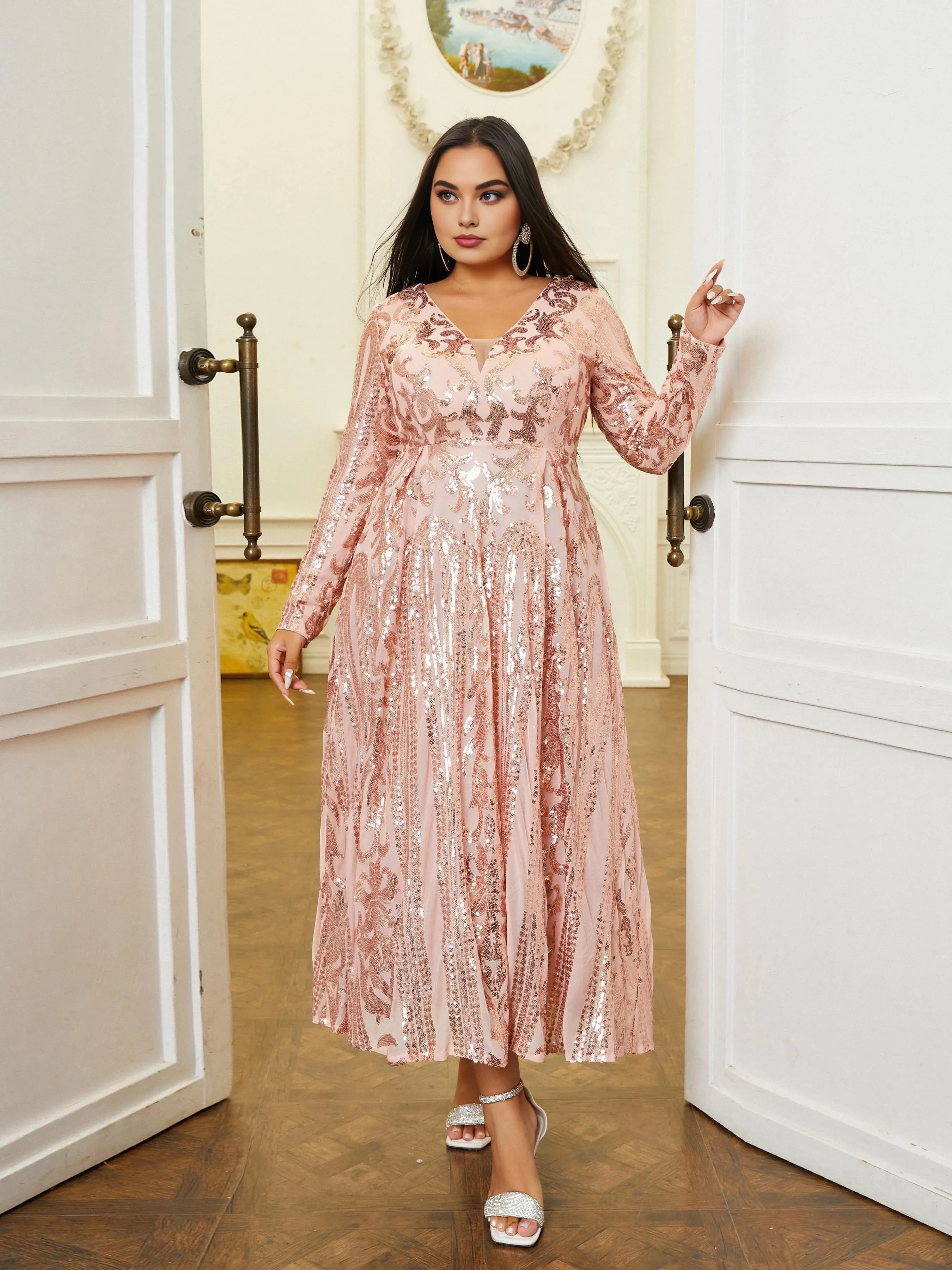 Pretty A-Line V Neck Long Sleeve Zipper Up Tea-Length Plus Size Prom Dress