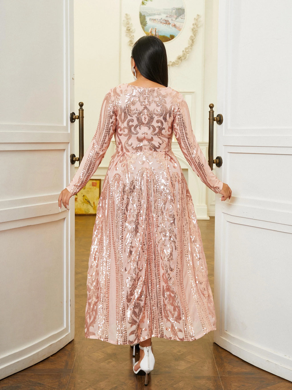 Pretty A-Line V Neck Long Sleeve Zipper Up Tea-Length Plus Size Prom Dress