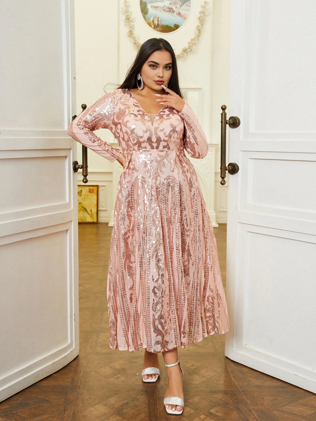 Pretty A-Line V Neck Long Sleeve Zipper Up Tea-Length Plus Size Prom Dress