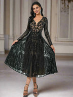 Pretty A-Line V Neck Long Sleeve Zipper Up Tea-Length Prom Dress