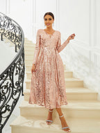 Pretty A-Line V Neck Long Sleeve Zipper Up Tea-Length Prom Dress