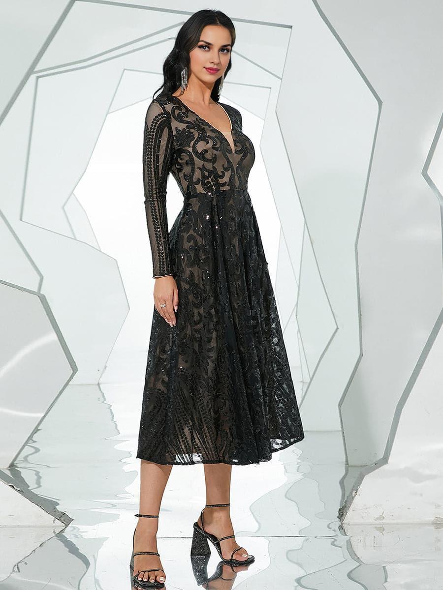 Pretty A-Line V Neck Long Sleeve Zipper Up Tea-Length Prom Dress