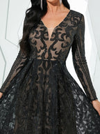 Pretty A-Line V Neck Long Sleeve Zipper Up Tea-Length Prom Dress