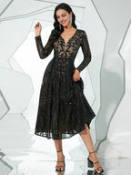 Pretty A-Line V Neck Long Sleeve Zipper Up Tea-Length Prom Dress
