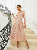 Pretty A-Line V Neck Long Sleeve Zipper Up Tea-Length Prom Dress