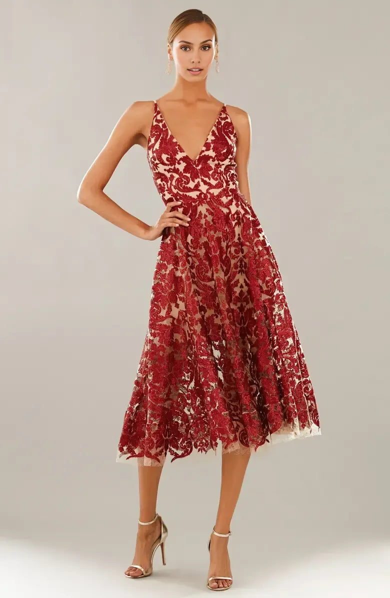Pretty A-Line V Neck Sleeveless sequins Tea-Length Prom Dress