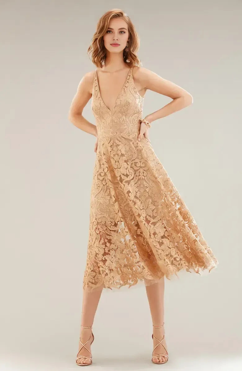 Pretty A-Line V Neck Sleeveless sequins Tea-Length Prom Dress