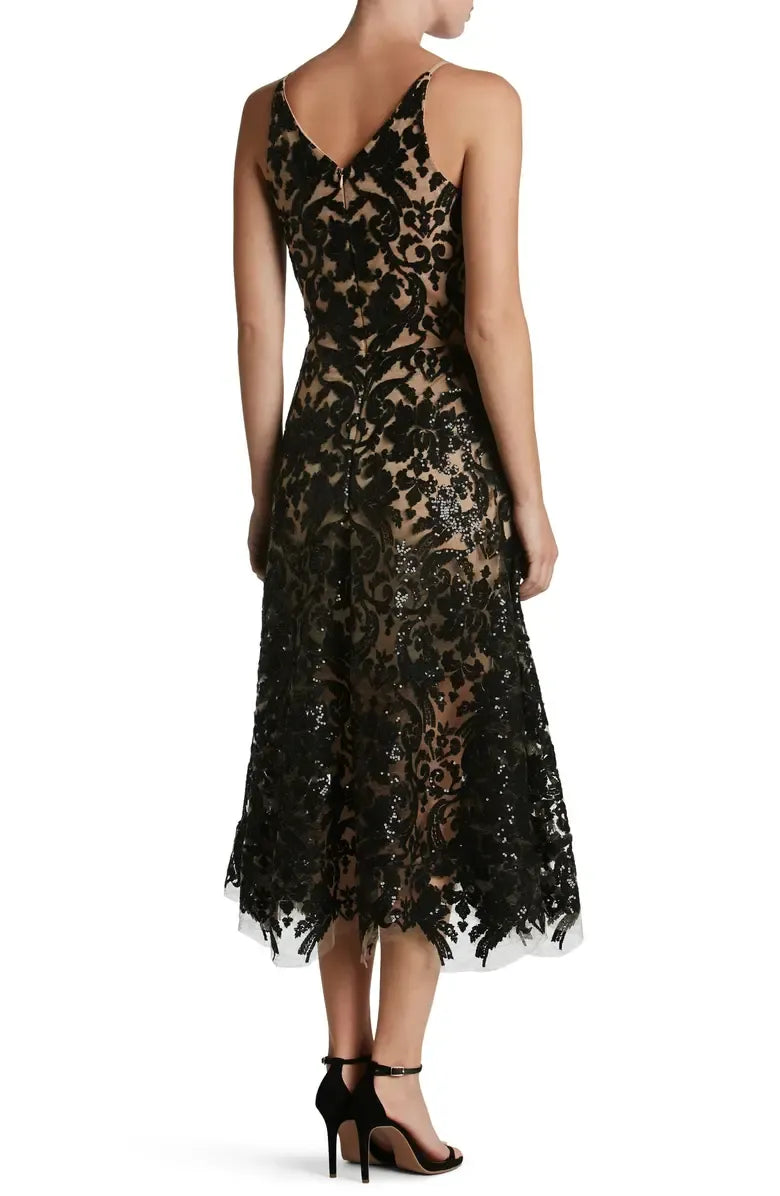 Pretty A-Line V Neck Sleeveless sequins Tea-Length Prom Dress