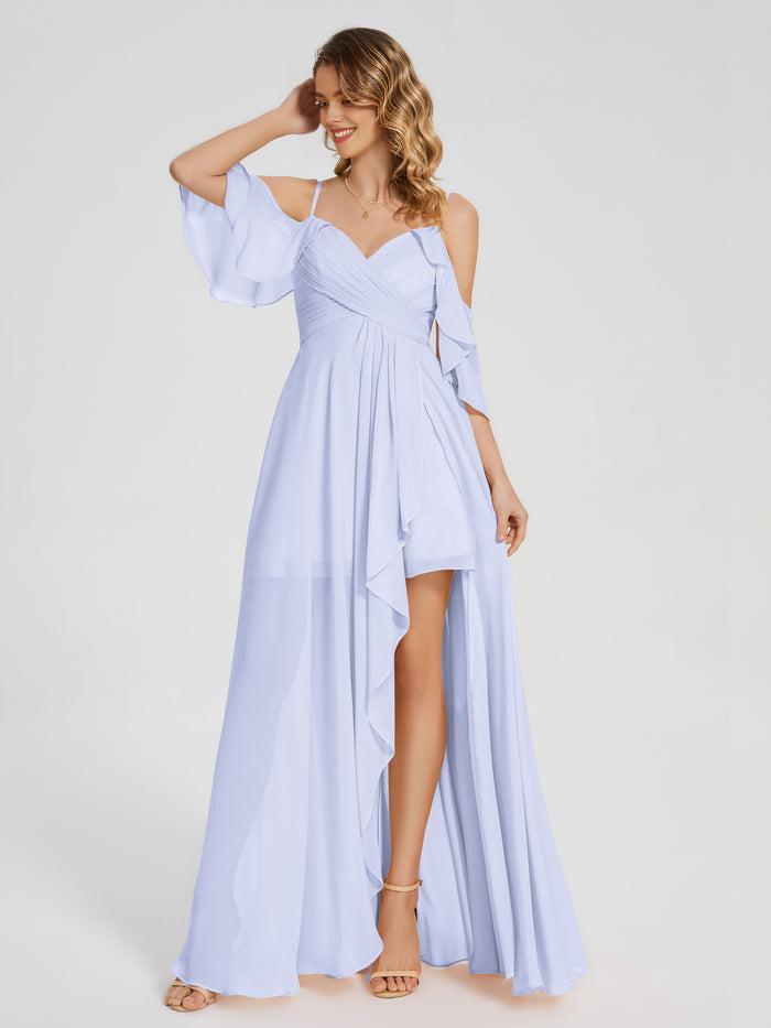 Pretty A-line Off the Shoulder Sleeveless Pleated Chiffon Asymmetrical Length Bridesmaid Dress