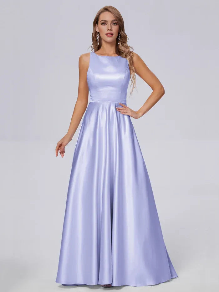 Pretty A-line Scoop Neck Sleeveless Pleated Satin Floor Length Bridesmaid Dress