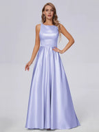 Pretty A-line Scoop Neck Sleeveless Pleated Satin Floor Length Bridesmaid Dress
