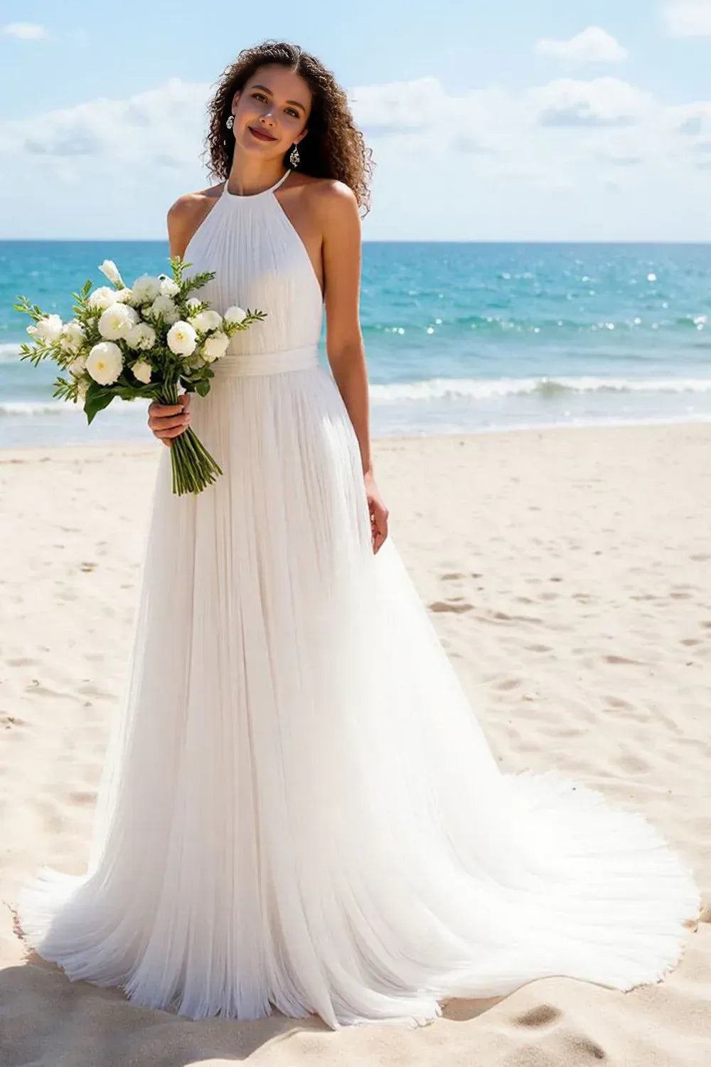 Pretty A Line Halter Neck Sleeveless Sweep Train Wedding Dress