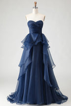 Pretty A Line Strapless Sleeveless Ruffled Floor-Length Prom Dress