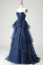 Pretty A Line Strapless Sleeveless Ruffled Floor-Length Prom Dress