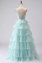 Pretty A Line Strapless Sleeveless Tiered Floor-Length Prom Dress