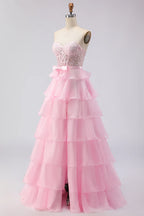 Pretty A Line Strapless Sleeveless Tiered Floor-Length Prom Dress