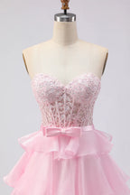 Pretty A Line Strapless Sleeveless Tiered Floor-Length Prom Dress
