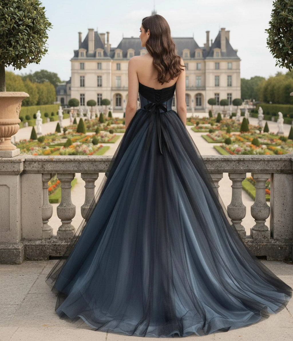 Dusty Blue Ball Gown Prom Dress With Corset Lace Up Back And Bow Strapless Elegance For Prom Goers
