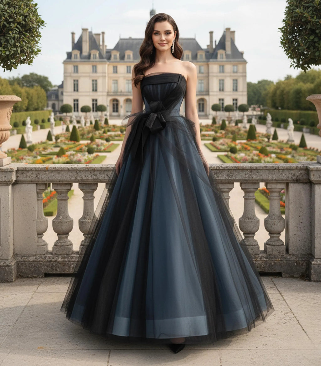 Dusty Blue Ball Gown Prom Dress With Corset Lace Up Back And Bow Strapless Elegance For Prom Goers