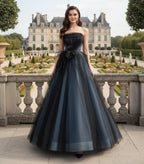 Dusty Blue Ball Gown Prom Dress With Corset Lace Up Back And Bow Strapless Elegance For Prom Goers