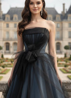 Dusty Blue Ball Gown Prom Dress With Corset Lace Up Back And Bow Strapless Elegance For Prom Goers