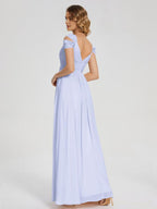 Pretty Empire V Neck Short Sleeves Pleated Chiffon Floor Length Bridesmaid Dress