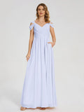 Pretty Empire V Neck Short Sleeves Pleated Chiffon Floor Length Bridesmaid Dress