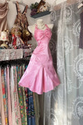 Pink Pretty Mermaid Halter Neck Ruched Short Homecoming Dress With Beaded