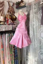 Pink Pretty Mermaid Halter Neck Ruched Short Homecoming Dress With Beaded