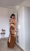 Pretty Mermaid Off the Shoulder Slit Satin Wedding Bridesmaid Dress Outfits
