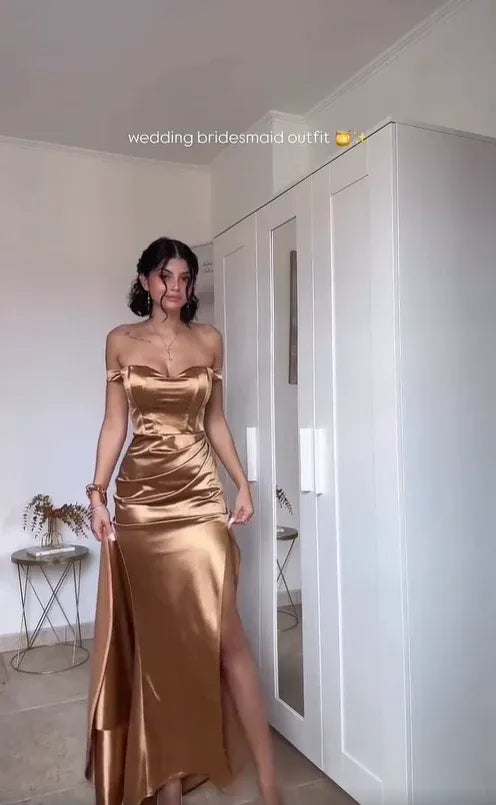 Pretty Mermaid Off the Shoulder Slit Satin Wedding Bridesmaid Dress Outfits