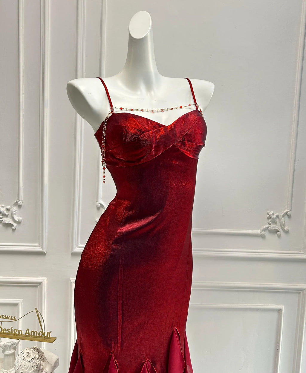 Mermaid Prom Dress With Crystal Spaghetti Straps Red Ruffle Hem Custom Fit For Teens Prom Night