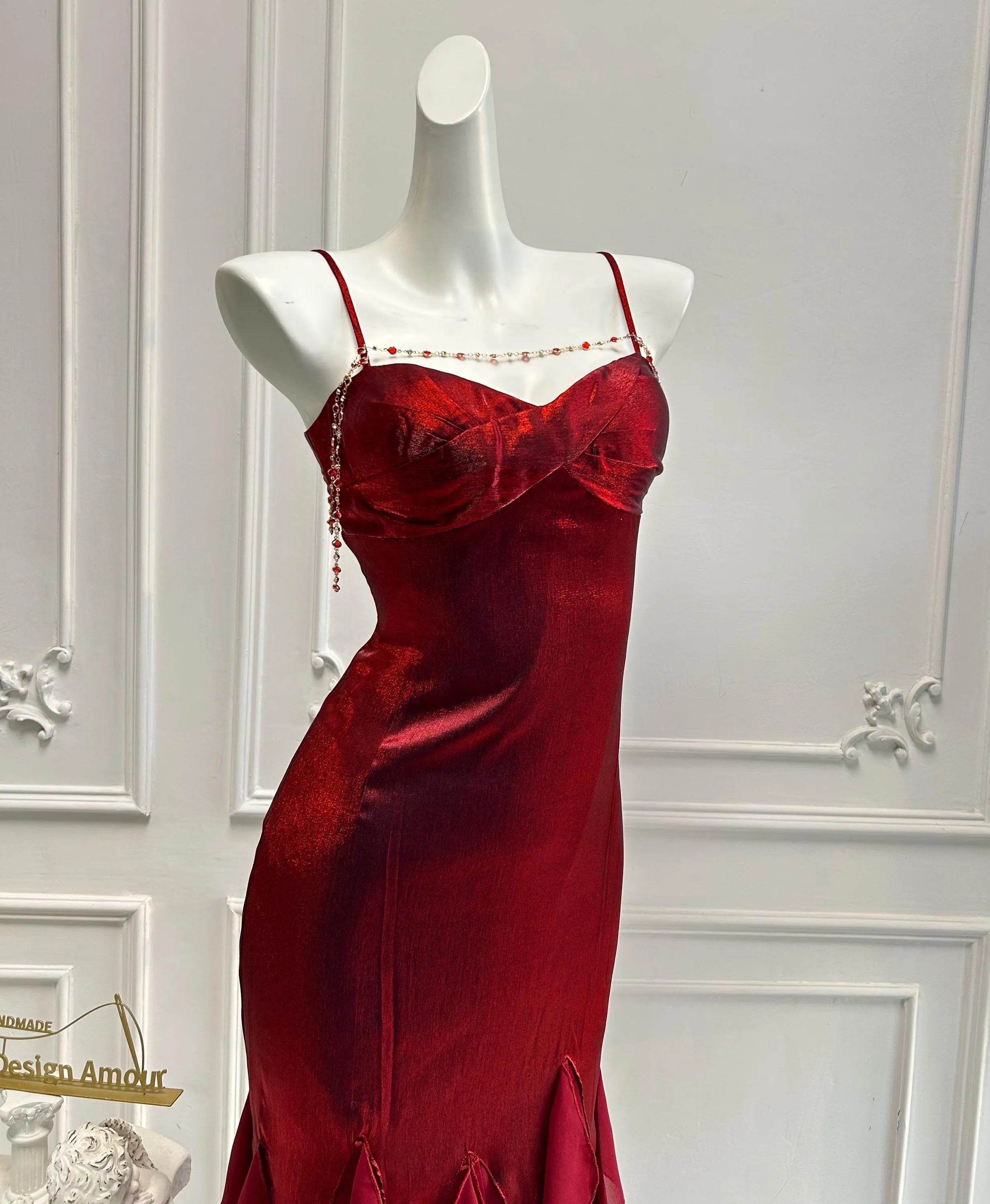 Mermaid Prom Dress With Crystal Spaghetti Straps Red Ruffle Hem Custom Fit For Teens Prom Night