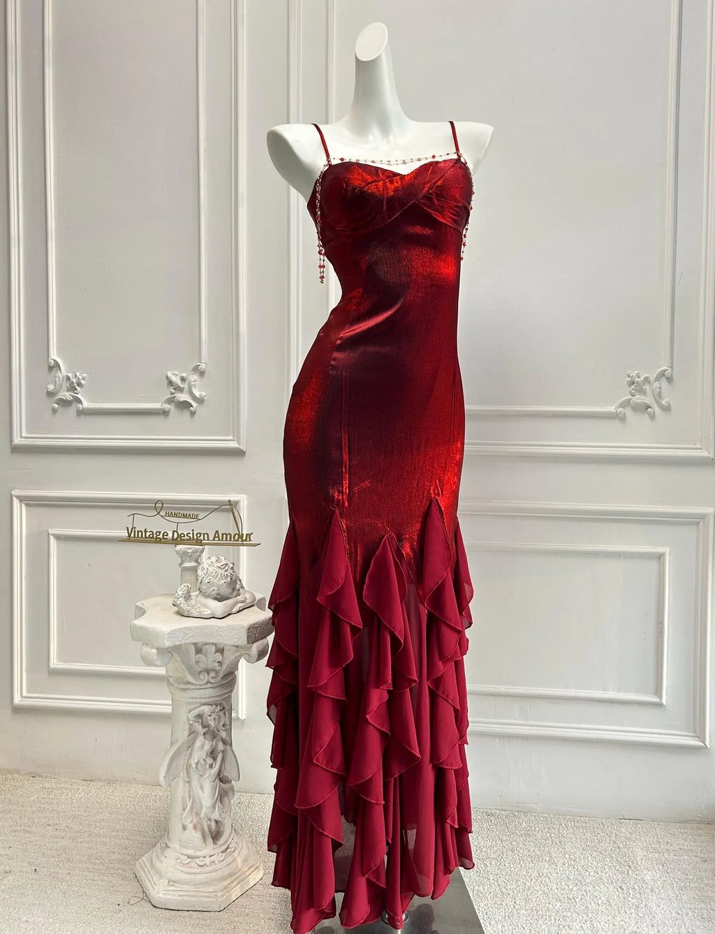 Mermaid Prom Dress With Crystal Spaghetti Straps Red Ruffle Hem Custom Fit For Teens Prom Night