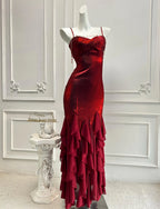 Mermaid Prom Dress With Crystal Spaghetti Straps Red Ruffle Hem Custom Fit For Teens Prom Night